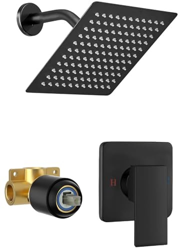 MTTCLE Black Shower Faucet Set, 8 Inch Square Wall Mounted Rainfall Shower Head with Rough-in Valve Body, Modern Bathroom Shower Trim Kit, Stainless Steel Single Function RV Shower System