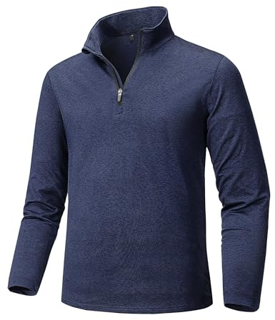 Tansozer Half Zip Pullover Hommes Sport Fonctionnel Shirt Manches Longues Chaud Pull de Travail Polaire Fin Maillot d'Entraînement Thermo, Bleu Marine, XL