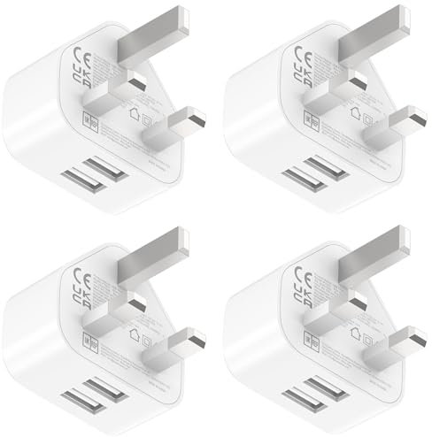Baokuan USB Plug UK Charger Adaptor - 2.1A 5V Dual Port Plug for iphone 16 15 14 13 12 11 XS Max XR X 8 7 6 6S Plus SE Galaxy Cell Phone 4 Pack 3pin Wall Power Adapter Mains Double Charging Socket
