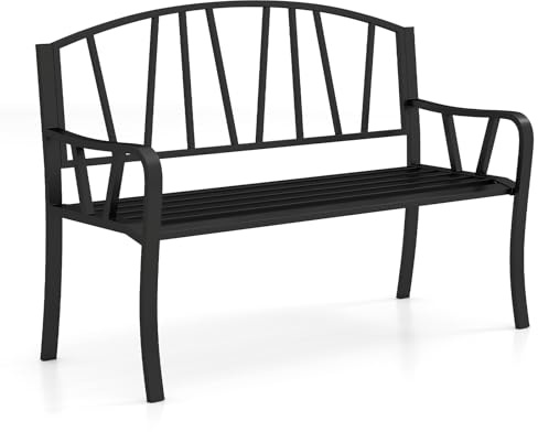 COSTWAY Banco Jardin Exterior, 2 Plazas, Banco Exterior de Metal, 129 x 53 x 93 cm, Reposabrazos y Respaldo Decorativo, hasta 300kg, Terraza Balcón Patio, Negro