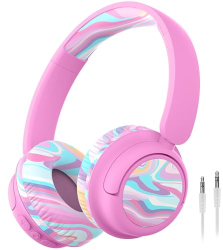 iClever BTH22 Bluetooth-hörlurar för barn, 60H speltid, 74/85 dBA säker volym, Bluetooth 5.4, USB C, Over Ear barnhörlurar trådlösa med mikrofon AUX-sladd för iPad/surfplatta/resor/skola, färgstruktur