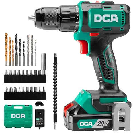 DCA Taladro Percutor Inalámbrico Brushless 20V, 55Nm de Par Máximo, Mandril Todo Metal de 13mm, 18+2 Configuraciones de Par (0-450/0-1800RPM), Diseño Compacto con Batería de 2.0Ah y Cargador，ADJZ2055i