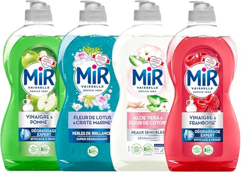 Lot de 4 Liquides Vaisselle MIR 450ml – Vinaigre & Framboise, Vinaigre & Pomme, Aloe Vera & Fleur de Coton, Fleur de Lotus & Criste Marine – Parfumés, Écologiques, Doux pour les mains