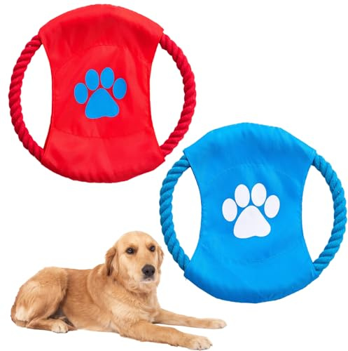 2 Pcs Dog Frisbee, Durable Dog Frisbee Indestructible for Small and Medium Dogs, Frisbee Dog Toy for Outdoor Fun, Training and Exercise, 18cm with Paw Print Design (Blue and Red)