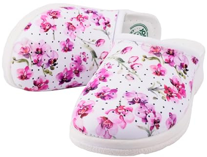 JOMIX Sabot Donna Comodi da Casa Ciabatte Zeppa Anziani Anatomiche e Ortopediche Pantofole con Plantare Morbido e Leggero Zoccoli Lavoro da Cucina e OSS, ITD2210, Fiore Fuxia, 39 EU