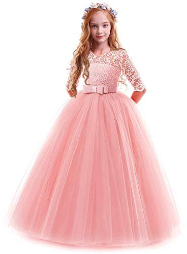 IWEMEK Flower Girls 3/4 Sleeve Floral Lace Tulle First Communion Pageant Dresses Kids Big Girls Princess Birthday Carnival Christmas Bridesmaid Wedding Party Prom Ball Gown Pink 13-14 Years
