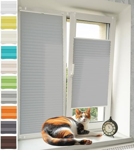 Vkele Plissee ohne Bohren Klemmfix – Faltrollo Jalousie Hellgrau 35x80cm(BxH), Lichtdurchlässig & Blickdicht, Sonnenschutz & Sichtschutz, Easyfix Rollo für Fenster & Tür
