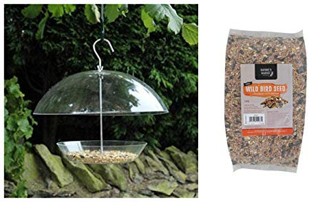 Garden Mile® Durchsichtiger Vogelfutterspender zum Aufhängen, mit 1 kg Beutel Vogelfutter und Nusssamen für Wildvögel, Outdoor, Garten, Terrasse, Wildtierfutter