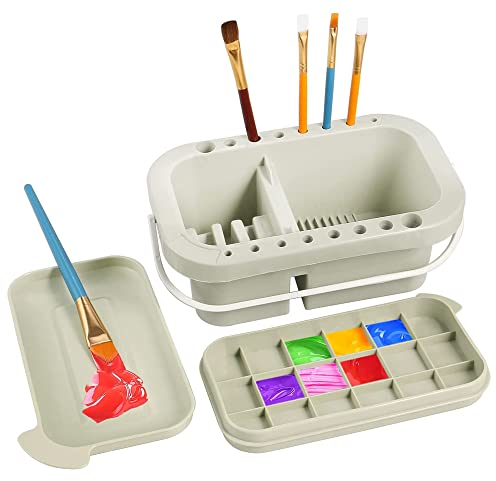 JIAMIAN Pinselreiniger Pinselwascher, Multifunktionaler Künstlerpinselreiniger mit Deckelpalette und 16 Löchern Pinselhalter, für Innen- und Außenbereich (A)