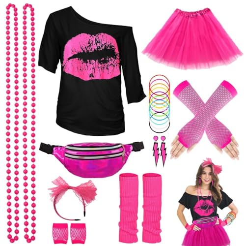 80er Jahre Outfit Damen Set, T-Shirt, Tutu, Gürteltasche, Stirnband, Ohrring, Halskette, Netzhandschuhe, 80er Jahre Kleidung Kostüm Neon Accessoires Thema Party Karneval Damen Frauen Made In China