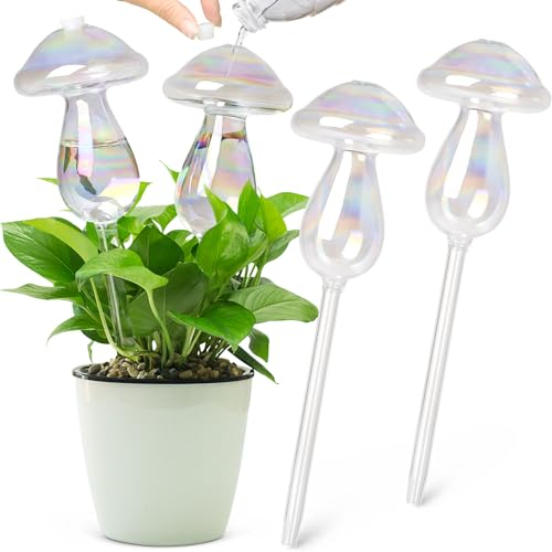 Cat and I 4 Pcs Plant Watering Globes, Colorful Clear Mushrooms Top Fill Water Bulbs, Glass Self Watering Planter Insert Spikes