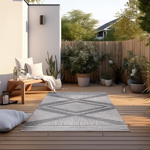 ELLE Decoration In und Outdoor Teppich – Wendeteppich Wetterfest & Wasserfest - Modernes Rauten Muster Geometrisches Muster Outdoorteppich für Garten, Balkon, Terrasse, Wohnzimmer – Silber, 160x230cm
