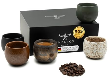 Pheniox Juego de tazas de espresso Timeout, 5 x 90 ml, tazas de gres de alta calidad, juego de tazas de espresso, sin asa, regalo en diseño moderno, apto para lavavajillas, moca, té, sake