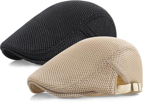 Taidor 2 Pack Men's Mesh Cap Breathable Summer Newsboy Hat Adjustable Beret Ivy Cap Irish Cabbie Driving Hunting Hats Black/Beige