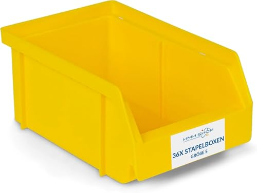 HMH 36x Stapelboxen Größe S Werkstatt Garage Keller Sichtlagerboxen 161x105x75mm Lagerboxen GELB Sichtlagerkästen Kleinteile Aufbewahrung