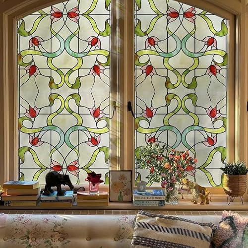 3D Stained Glass Window Film, Decorative Window Privacy Film for Bathroom, Front Door, Home, Sun Blocking, Heat Protection, Static Adhesive, Garden Eden, 60 x 180 cm