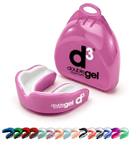 d3 Double Gel Mouthguard wth Case Pink/White, Youth (Under 12 Years) Kids Gum Shield for Boxing, MMA, Contact Sports, Rugby, Martial Arts, Judo, Karate, Hockey