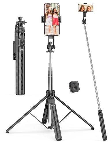 182CM Tripode para Movil & Palo Selfie, Tripode Movil Extensible Portátil con Mando Inalámbrico, Estabilidad en Cuatro Ejes, Compatible con iPhone/Samsung/GoPro/Cámaras