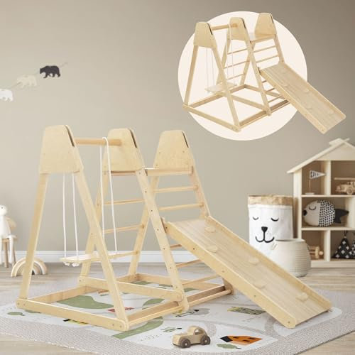 Joyz 3 in 1 Klettergerüst Set Indoor mit 2 Kletterleitern, Kletterbrett/Rutschbrett und Schaukel, Kletterspielzeug aus Holz, 121 x 127 x 112 cm, Multifunktionales Kletterdreieck für Kinder ab 3 Jahren