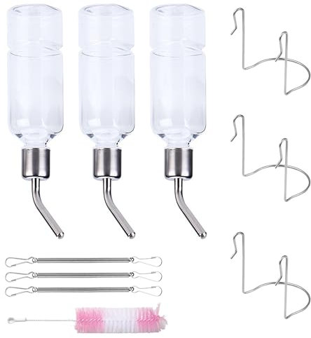 3 Pcs Rabbit Water Bottle, Pet Hanging Water Bottles, Rabbit Drinking Bottle with Hook Spring and Brush, Guinea Pig Water Bottles for Chinchillas Guinea Pigs