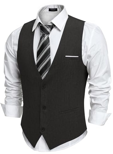 COOFANDY Chaleco Traje Hombre Casual Chaleco Cuello en V Sólido Negocio Chaleco Boda Hombre Elegante con Bolsillos Negro L
