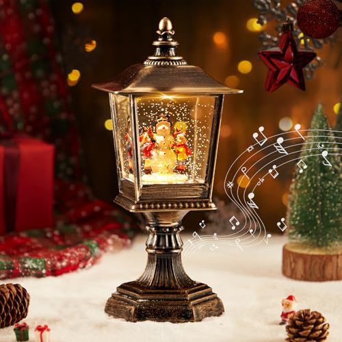 Auniq Lanterna di Natale a globo di neve con musica, Grande Globo di Neve Natalizio Lanterna Retro Lampione Stradale LED Musicale Babbo Natale Fiocco di Lampada di Natali, Luce notturna Natali Regalo