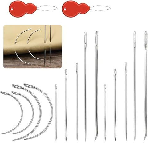 16Pcs Heavy Duty Hand Sewing Needles Kit, Sewing Leather Needle Repair Set, with 2X Needles Threaders, 4X Curved Needles,10x Pointed Needlees Kit for Upholstery, Leather, Carpet Repair