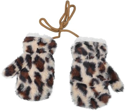 IPENNY Children's Plush Leopard Print Mittens with Anti-lost String Winter Thermal Fur Lined Gloves Warm Fluffy Full Finger Gloves Cold Weather Cycling Ski Glove for 3-7 Years Old (Beige)