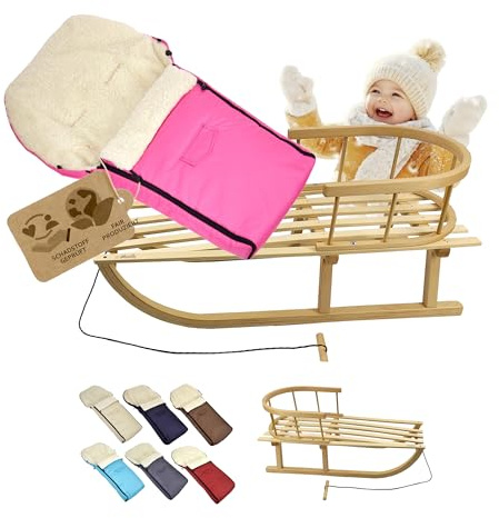 BambiniWelt Träsläde med ryggstöd och dragrep + vinteråkpåse 90 cm – varmt lammull, vattenavvisande – kombinationsset för barnvagnar och buggy (rosa)