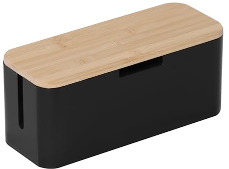 Relaxdays Scatola Porta Cavi in bambù, Coperchio, 14,5x34x13,5 cm, nasconde Cavi, Naturale/Nero