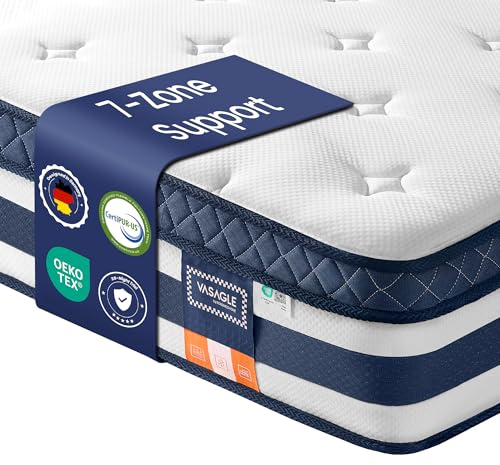 VASAGLE Pocket Sprung Mattress, Cooling Gel Memory Foam, 7-Zone Pressure Relief, H3 Medium Firm, 190 x 135 x 25 cm, Blue, Motion Isolation Bed in a Box, Mosey Collection RMZ236Q102