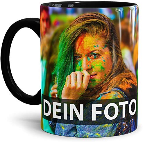 Tasse selbst individuell gestalten/Personalisierbar mit eigenem Foto Bedrucken/Fototasse/Motivtasse/Werbetasse/Firmentasse mit Logo/Innen & Henkel Schwarz - XXL Druck