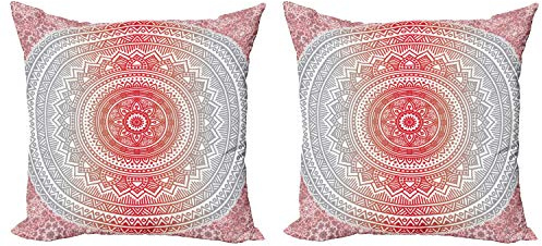 ABAKUHAUS Gris y Rojo Set de 2 Fundas para Cojín, Ombre Mandala Boho, Estampado Digital en Ambos Lados y Cremallera, 40 x 40 cm, Rojo Grisáceo