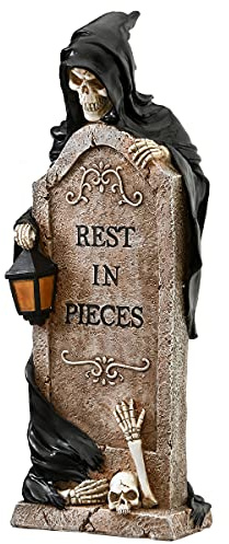 National Tree Company Skeleton Grim Reaper Standing with a Gravestone Decoration, Halloween Collection, 16 Inches