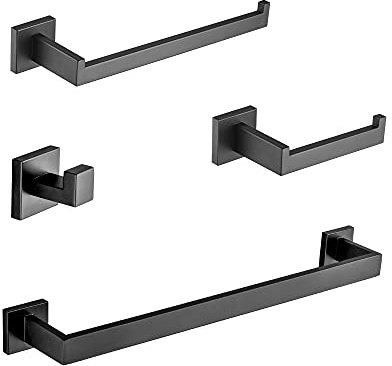 DUFU 4 Piezas Toalleros de Juego de Accesorios de Ferreteria de Baño de Pared con Toallero 40cm,Barra de Toallas,Soporte de Papel Higiénico,Gancho de Bata Acero Inoxidable Negro Mate