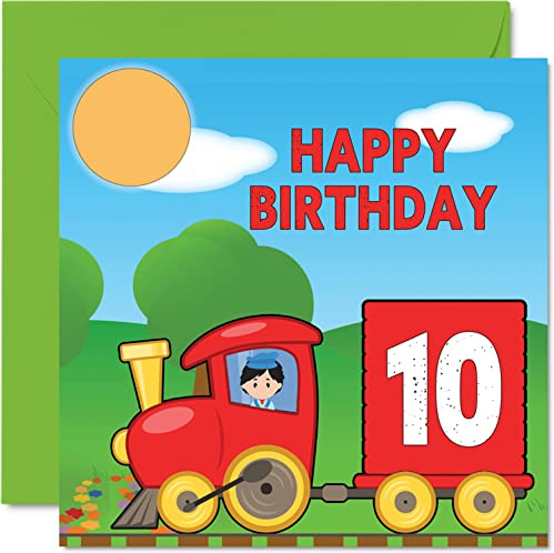 Carte d'anniversaire 10 ans unisexe – Train – Carte d'anniversaire pour fils de 10 ans, fille, frère, sœur, petit-fils, petite-fille, nièce, neveu, cousin, 145 mm