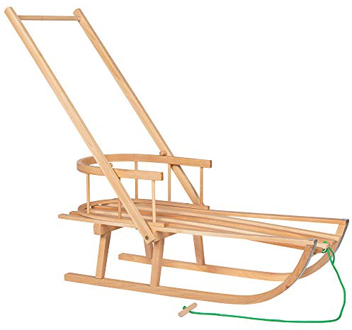 SPRINGOS Holzschlitten Kinderschlitten 90 cm mit Rückenlehne Zugseil Schiebestange Buchenholz