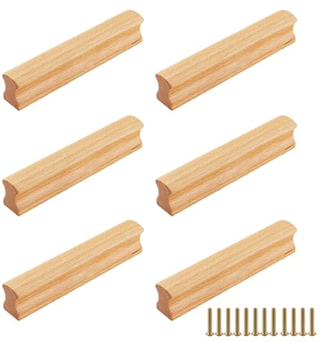 GOIEHIR Möbelhandtag trä, 6 stycken skåphandtag med skruvar, hålavstånd 128 mm, massiva handtag för köksskåp, möbler, lådor, träfärg