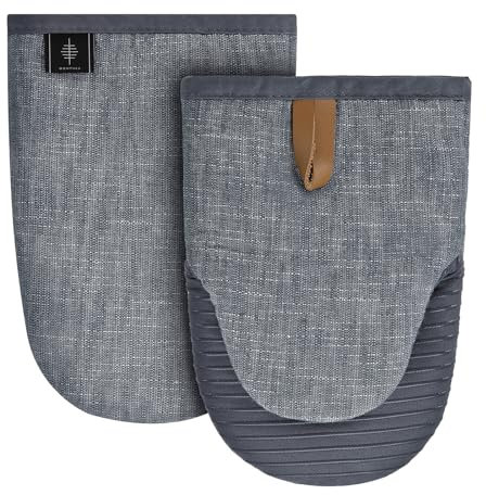 BONTHEE Ofenhandschuhe Klein Topfhandschuhe Mini Baumwolle kochhandschuhe mit Anti-Rutsch Silikon Gestreift backhandschuhe für Kochen Backen - 2er Set - Anthrazitgrau