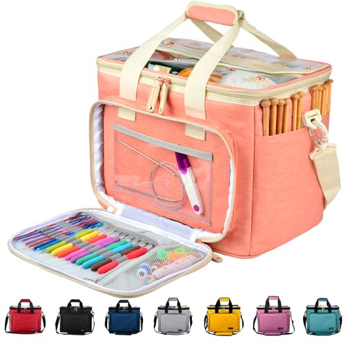 Borsa Porta Lavoro a Maglia,Honshin Borsa Porta Gomitoli Uncinetto Portatile per Trasportare Progetti, Ferri da Maglia, Uncinetti, Gomitoli di Filato(Rosa)