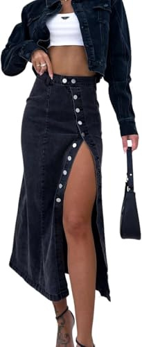 Hecatombic Falda Larga De Mezclilla Ajustada De Cintura Alta Sexy para Mujer Falda Midi De Mezclilla con Abertura Lateral Abotonada Falda De Mezclilla Informal De Moda