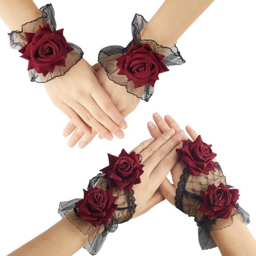 GORGECRAFT 2 Paar Fingerlose Kurze Spitzenhandschuhe Mit Rosenmotiv Handmanschetten Lolita Schwarz Für Abschlussbälle Brautjungfern Rote Blume Falsche Ärmel Gerüschtes Gothic Kostümzubehör Für Frauen