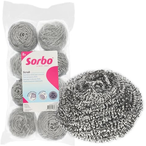 Sorbo RVS grytrengörare – set med 8 svampar av rostfritt stål på 40 g – extra stark och hållbar – för inbrända stekpannor, grill, ugn, spis – metallskursvampar för intensiv rengöring