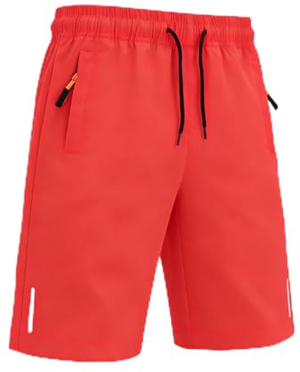Himcus Boys PE Shorts Kids Football Sports Quick-Dry Gym Activewear Running Shorts with Drawstring,Zip Pockets(Tag 170,Red,12-13Y)