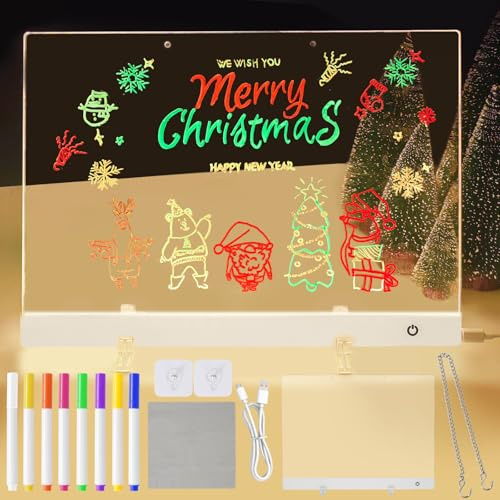 Tableau Effaçable à Sec en Acrylique, Tableau Lumineux Message LED 40 x 30 cm Led Message Board 4 Modes & 6 Colorés, Tablette lumineuse Dessin avec 7 Stylos Colorés, Chaîne, Support