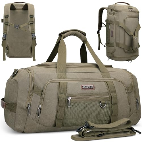 WITZMAN Sac de Voyage Homme Toile 40L 3-in-1 Convertible Sac à Dos de Sport | Avec Compartiment Chaussures et Poche Sèche/Humide, Grande Capacité, Cabine Avion, Pour Gym, Week-end, A8006/2 Vert Armée