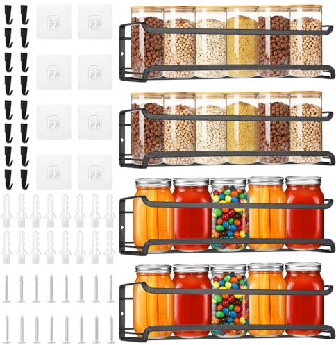 Vuxava Especieros para Cocina 4 Piezas – Organizador Cocina y Armario, Especiero de Pared Sin Taladrar, Organizador Especias Cocina Metálico Negro para Estantes, Cajones y Baño
