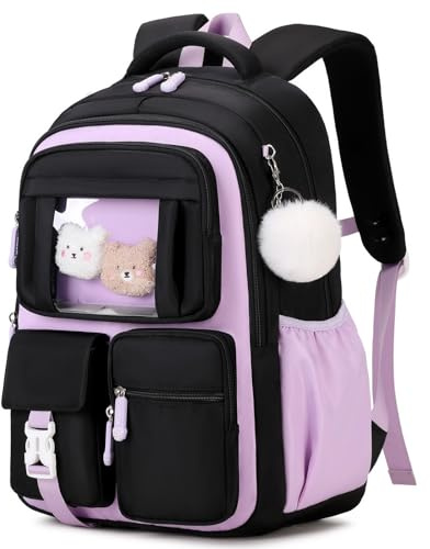 Amythe Schultasche Mädchen Rucksack Schule Mädchen, Atmungsaktiv Schulrucksack für Mädche 1. - 5. Klasse, Lässiger Schulranzen Kinder für Grundschule Mittelschule, Schwarz Lila