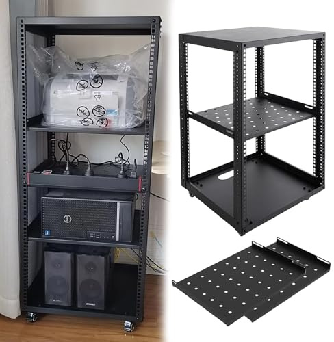 Serverställ med öppen Ram Justerbart Serverställ med Öppen Ram och Hjul, 10 12 15 18 20U Nätverksställ med Hyllor, Utrustningsskåp med Rullställ för IT och AV-utrustning(15U,2 tier)