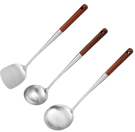 3 stycken wokspatelset, skumslev av rostfritt stål, värmebeständigt trähandtag wok-spatel och slev, köksredskapsset av rostfritt stål med skumslev, diskmaskinssäkert
